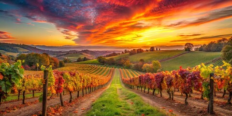 Naklejka premium Autumnal Vineyard Basking in a Golden Sunset with Vibrant Hues of Red, Orange, and Yellow, Mirrored in the Sky Above, Creating a Serene and Breathtaking Landscape