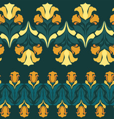 Naklejka premium Vector set of art nouveau borders with irises and freesias silhouettes. Collection of horizontal friezes with blooming flowers on dark green background. Ornate floral paintbrushes