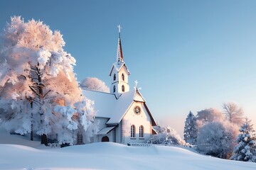 A picturesque church covered in snow with its steeple reaching towards a clear blue sky The surrounding trees are dusted with snow and the warm light from the church windows contrasts with the cold.