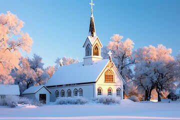 A picturesque church covered in snow with its steeple reaching towards a clear blue sky The...