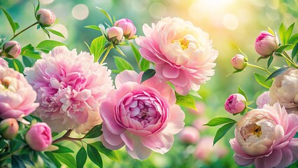 A vibrant bouquet of delicate pink peonies, illuminated by the golden rays of the sun, against a backdrop of lush green foliage, showcasing the beauty of nature's blossoming wonders.
