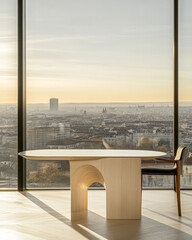 Fototapeta premium Natural light floods a modern dining space overlooking the city at sunset