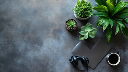 Top-down workspace featuring small plants, a laptop, headphones, and coffee on a textured concrete background.