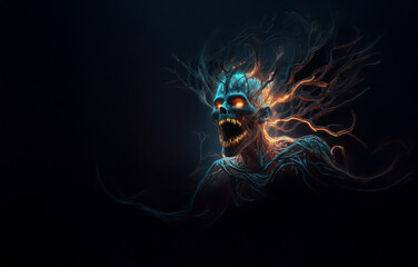 A blue and orange glowing creature with a skull-like face and jagged teeth is surrounded by branches that appear to grow out of its head.