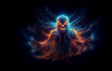 A glowing skull figure composed of neon-colored fibers, with a menacing smile and glowing eyes, against a dark background.