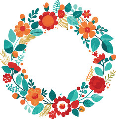Floral Wreath with Orange, Red, and Teal Flowers