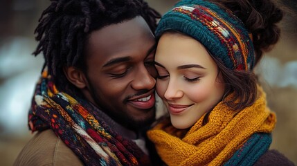 A couple representing different cultures embracing and celebrating their shared love
