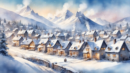 Fototapeta premium Charming watercolor illustration of a snowy village with mountains in the background at sunset for winter holiday concept