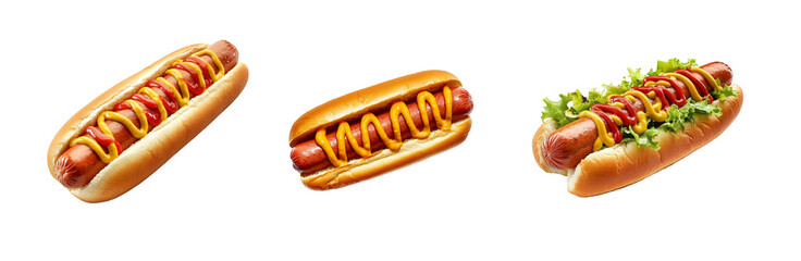 Classic hot dog with mustard and ketchup, isolated on a transparent background.