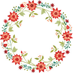 Floral Wreath Red Flowers Green Leaves White Background