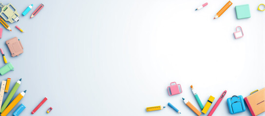 A vibrant educational template featuring flat-style school icons.