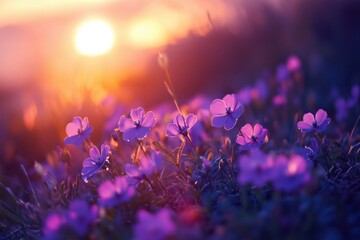 Obraz premium Close-up of purple flowers growing on field during sunset