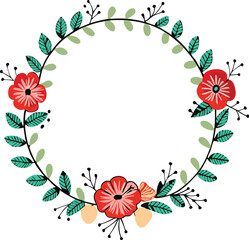 Floral Wreath Circle Design, Red Flowers, Green Leaves