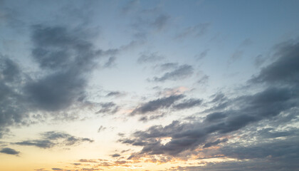 Sunset clouds are gathering. Panoramic sunrise or sunset sky with clouds. Sunset Sky on Twilight in the Evening with Sunset. Cloud Nature Sky Backgrounds. Sky Sunrise, Dusk clouds.