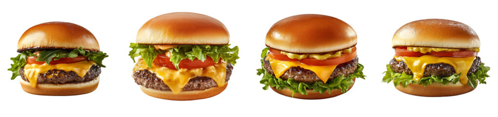 Juicy cheeseburger with lettuce, tomato, and melted cheese, isolated on a transparent background.