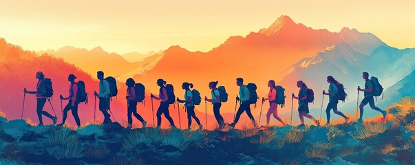 A diverse group of hikers, walking together up a mountain trail, representing different body types and abilities