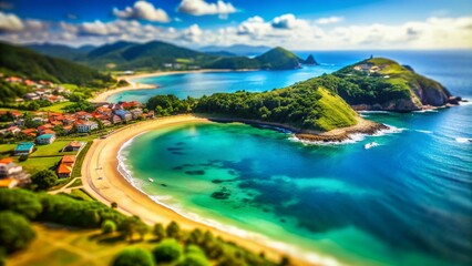 Panoramic Tilt-Shift View of Porto do Son's Crystal Clear Waters in Galicia