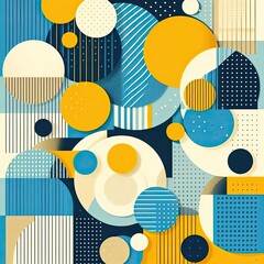 Create a vibrant abstract background using circular and geometric shapes in blue, yellow, and cream tones. The composition should feature large circles, dots, and diagonal stripes arranged playfully. 