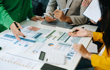 Business team collaboration discussing working analyzing with financial data and marketing growth report