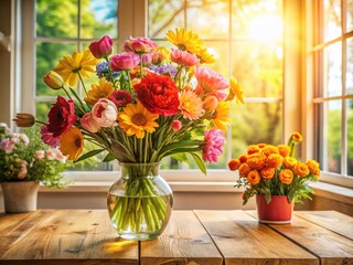Panoramic View of a Vase Filled with Colorful Flowers on a Table in a Bright Room