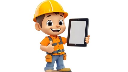 Cute Cartoon Construction Worker (Presenting a Tablet)
"A cute cartoon construction worker holding a tablet with engineering gears displayed, giving a wink and a thumbs-up. The character wears a yello