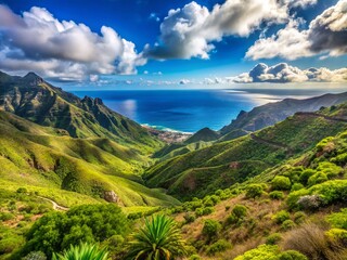 Panoramic View of Lush Green Hills and Atlantic Ocean from Cruz de Gala Peak, Teno Mountain Range, Tenerife,