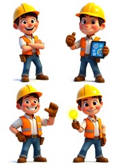 Cute cartoon construction workers in various poses
"Cute cartoon of a smiling construction worker wearing a yellow hard hat, white shirt and orange safety vest, standing confidently with his arms cros