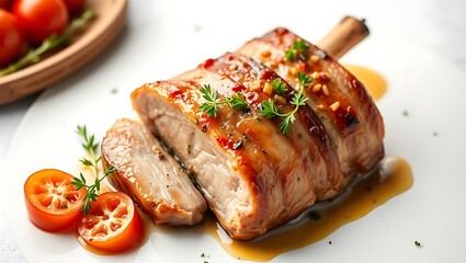 Delicious baked pork belly served with sauce and parsley