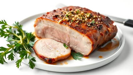 Delicious baked pork belly served with sauce and parsley