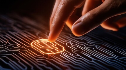 A close-up of a finger pressing a glowing fingerprint icon on a dark circuit board, symbolizing security and technology.