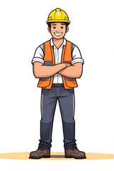 Cute Cartoon Construction Worker (Confident)
"A cute cartoon of a smiling construction worker wearing a yellow hard hat, white shirt, and orange safety vest, standing with arms confidently crossed, an