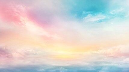 2408 4.An abstract pastel sky with a light, calming color palette featuring soft blues, pinks, and yellows. The horizon is blurred with a faint rainbow hue, creating a dreamy, peaceful backdrop. The