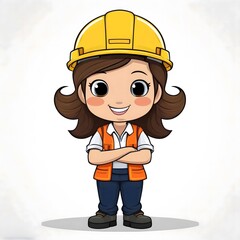 Cute Cartoon Construction Worker (Confident)
"A cute cartoon of a smiling construction worker wearing a yellow hard hat, white shirt, and orange safety vest, standing with arms confidently crossed, an