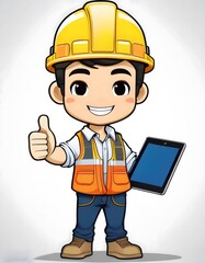Cute Cartoon Construction Worker (Presenting a Tablet)
"A cute cartoon construction worker holding a tablet with engineering gears displayed, giving a wink and a thumbs-up. The character wears a yello