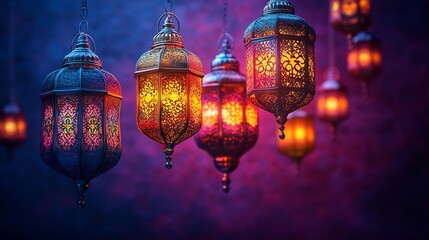 Vibrant Eid festival Ramadan banner showcasing a variety of colorful lanterns hanging in a festive arrangement set against a rich purple background with ample space left for text