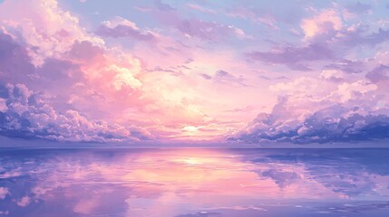 Naklejka premium 2408 8.A tranquil dusk sky with pastel pink and purple hues blending harmoniously as the sun dips below the horizon. The evening clouds reflect the soft sunlight, creating a serene and peaceful