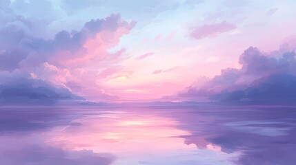 Obraz premium 2408 8.A tranquil dusk sky with pastel pink and purple hues blending harmoniously as the sun dips below the horizon. The evening clouds reflect the soft sunlight, creating a serene and peaceful