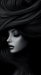 A woman with long black hair is the main focus of the image. The hair is styled in a way that it is flowing down her back, giving her a regal and elegant appearance. The woman is wearing a black dress