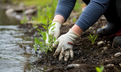 Fototapeta premium Person planting a sapling by a stream.