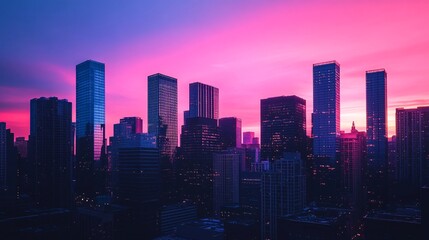 2408 17.A vibrant city silhouette with towering skyscrapers and sleek buildings, set against a stunning pink and blue gradient sunset. The sky glows with warm colors, casting long shadows and soft