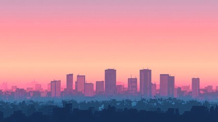 Fototapeta premium 2408 20.A cityscape silhouette featuring tall skyscrapers and sleek modern buildings, set against a pink and blue sunset sky. The skyline is backlit by the fading sunlight, with the gradient sky