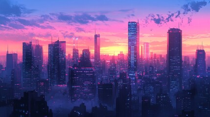 Fototapeta premium 2408 19.A beautiful urban landscape with a pink and blue sunset sky, casting soft light on the silhouette of a bustling metropolis. The towering skyscrapers and sleek office buildings rise against