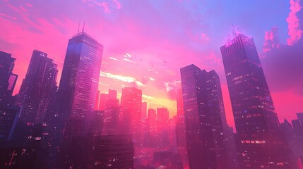 2408 19.A beautiful urban landscape with a pink and blue sunset sky, casting soft light on the silhouette of a bustling metropolis. The towering skyscrapers and sleek office buildings rise against