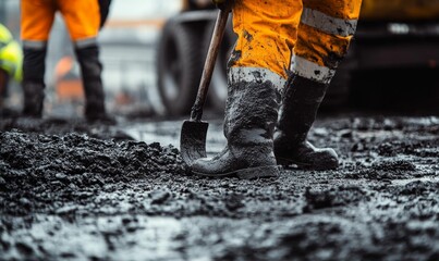 Obraz premium Worker's muddy boots stand in black tar.