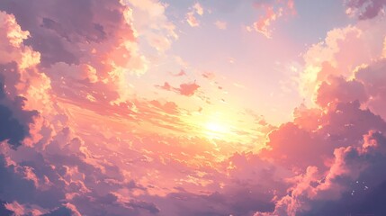 Fototapeta premium 2408 28.A beautiful sunrise sky filled with soft, pink-tinged clouds and warm yellow sunlight. The scene captures the quiet serenity of the morning, with the delicate colors blending to create a