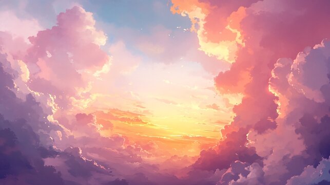 2408 30.A warm sunrise sky with soft pink clouds and golden light spreading across the horizon. The delicate pastel hues blend together, creating a joyful and peaceful atmosphere. The gentle sunlight