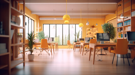 Fototapeta premium Empty Classroom with Desks and Chairs Facing Windows Office Interior with Screen Projector 8K Realistic Lighting