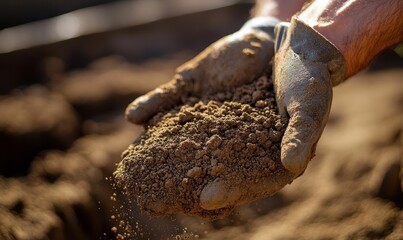 Gloved hand holding dirt, particles falling.