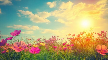 Fototapeta premium Vibrant Flower Field Under Golden Sunset Sky