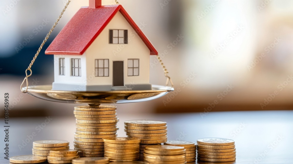 Aufkleber A model of a house sits atop a balanced scale of coins, emphasizing the relationship between real estate and financial investment. This visual highlights the importance of property value.